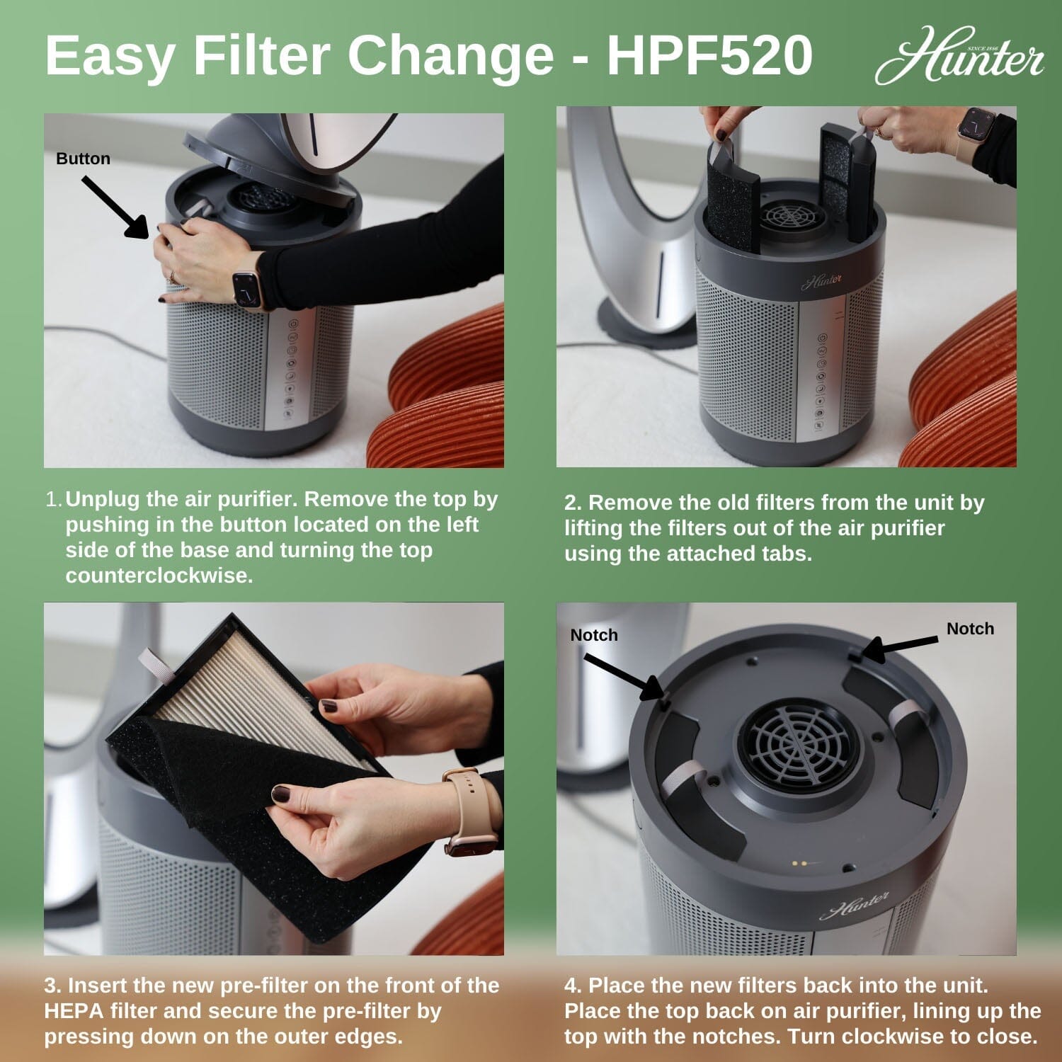 Hunter air purifier placement and maintenance tips graphic