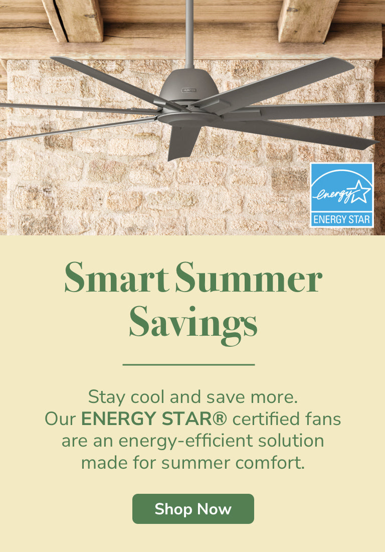 Ceiling fan with ENERGY STAR certification on a beige wall, promoting 'Smart Summer Savings'. Shop Now.