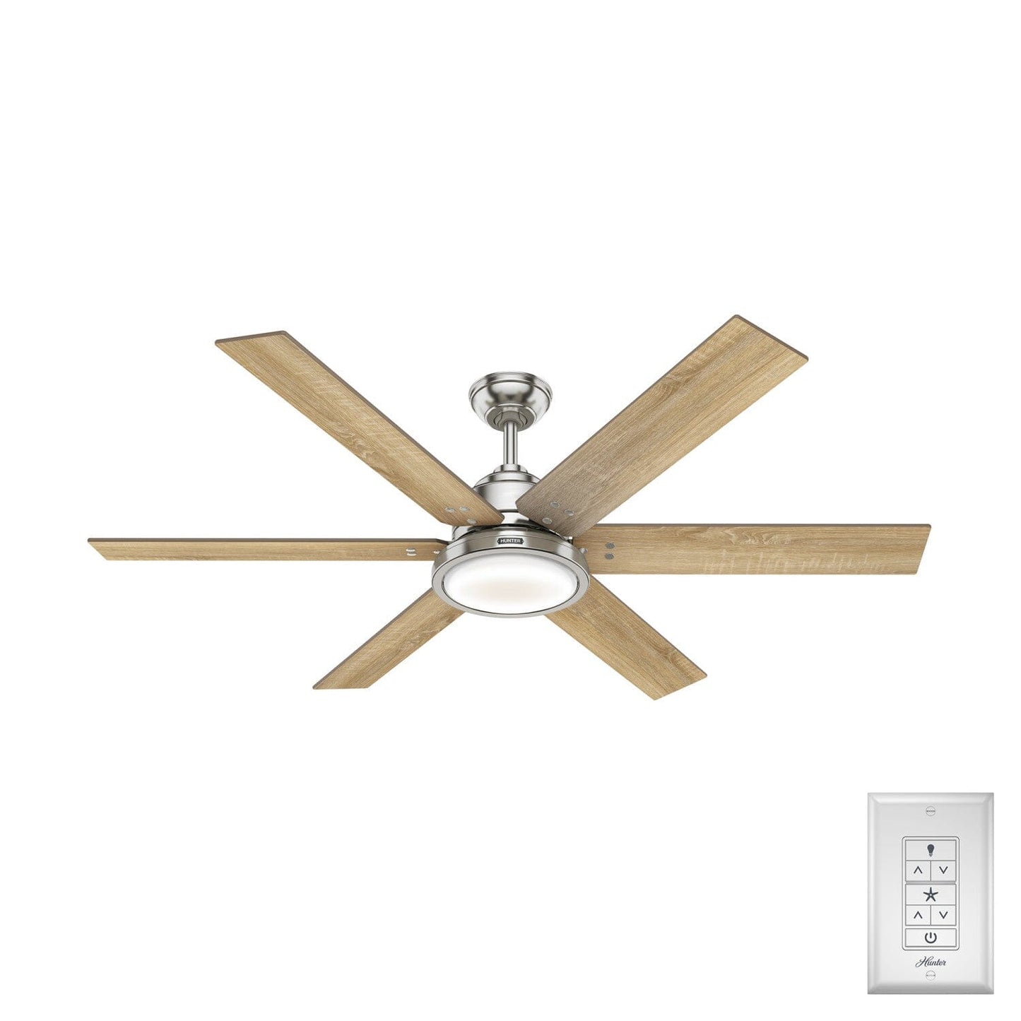 Warrant with LED Light 60 inch Ceiling Fans Hunter Brushed Nickel - Drifted Oak 